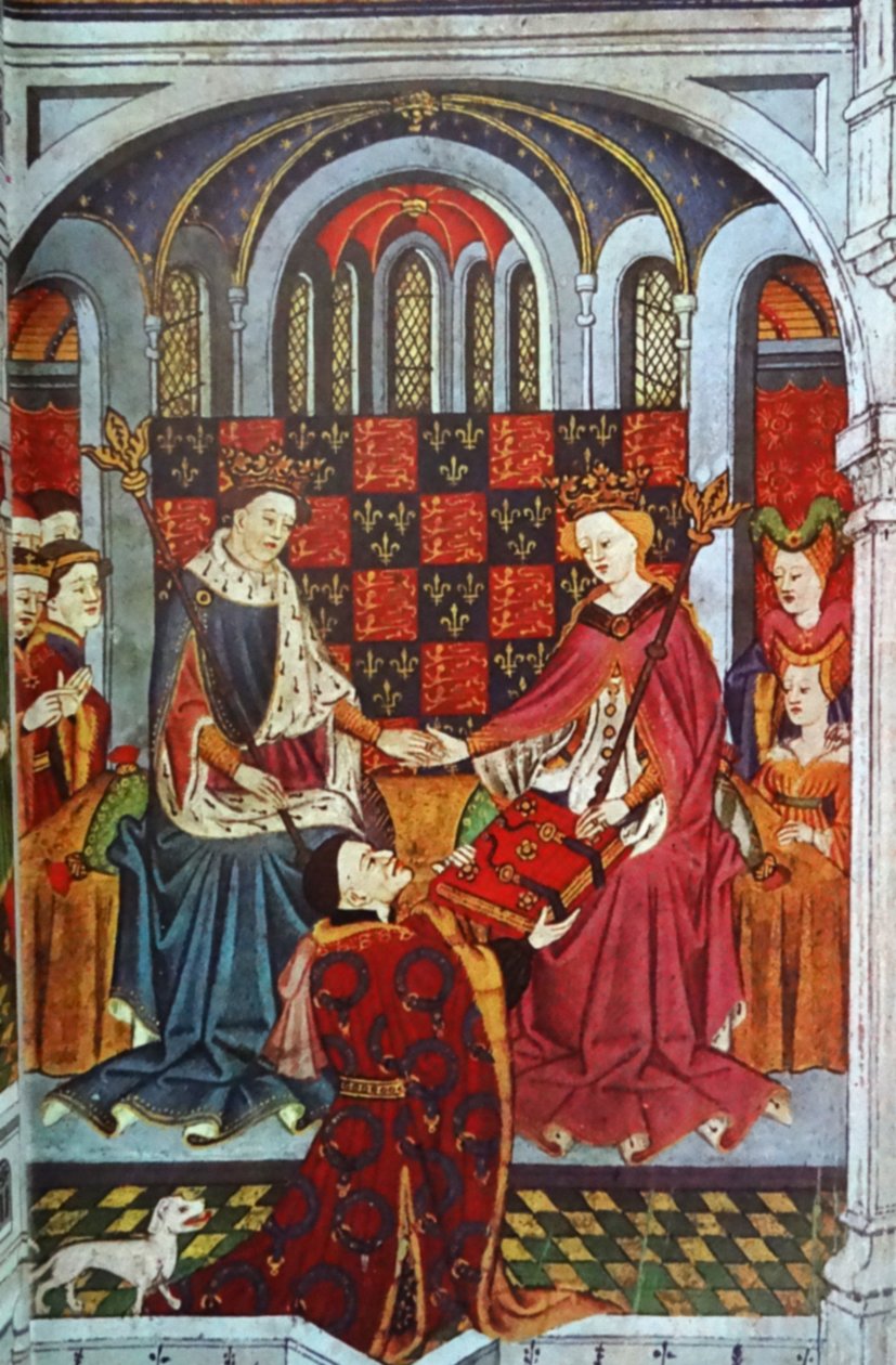 John Talbot, hrabě ze Shrewsbury, daruje knihu Jindřichovi VI. a Markétě z Anjou (pergamen) od English School