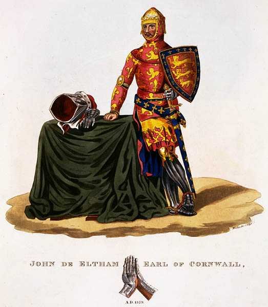 John z Elthamu, hrabě z Cornwallu (1316-36) 1329, vyryl W. Maddocks, z knihy „Ancient Armour“ od Samuela Rushe Meyricka od English School