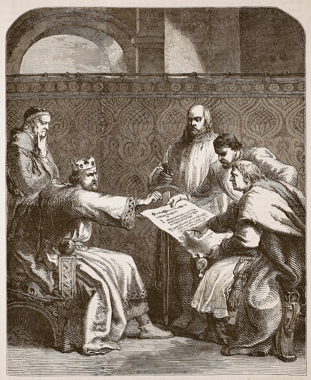 Jan odmítá podepsat artikuly baronů, ilustrace z Cassells Illustrated History of England (sépiová fotografie) od English School