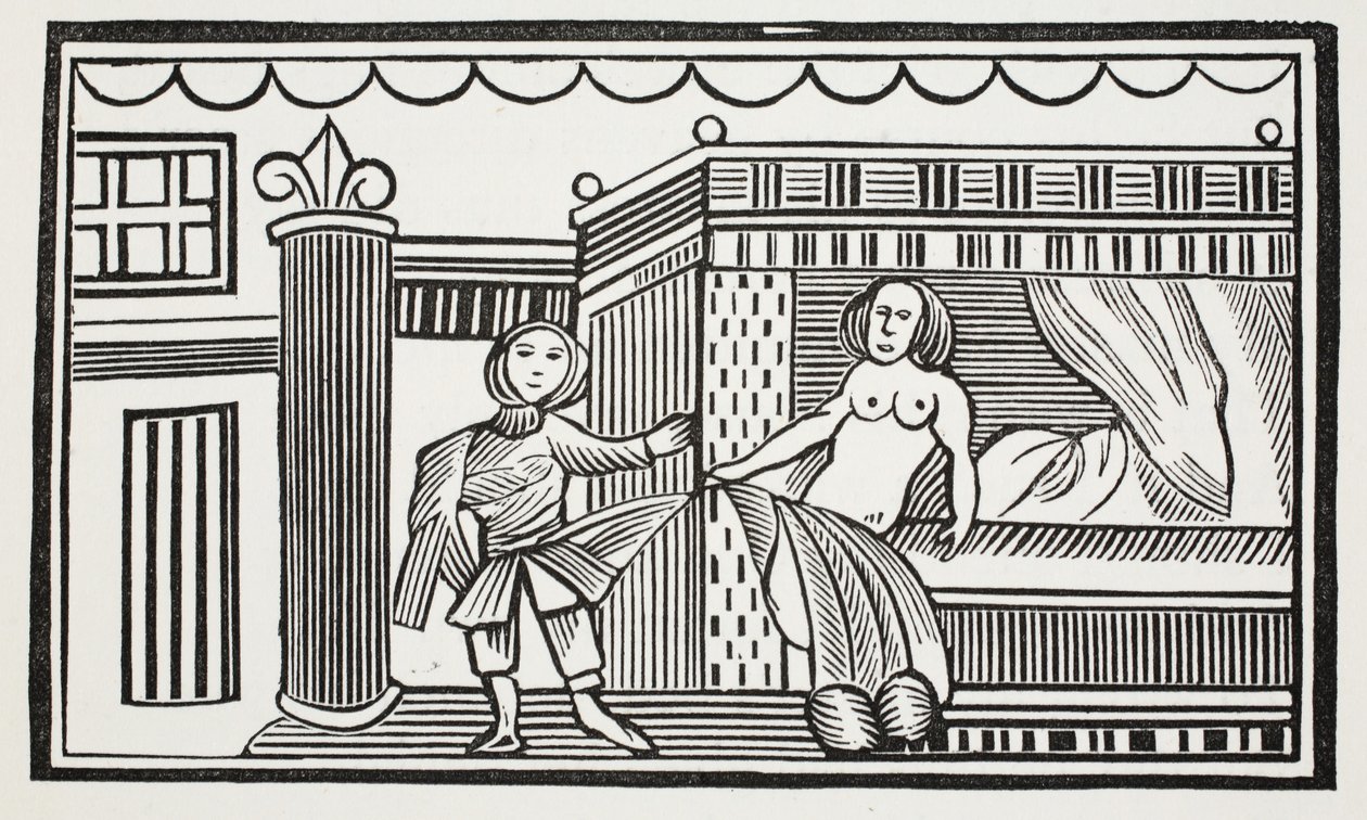 Joseph a jeho milenka, ilustrace z Chap-books of the Eighteenth Century od Johna Ashtona, hospoda. 1882 od English School