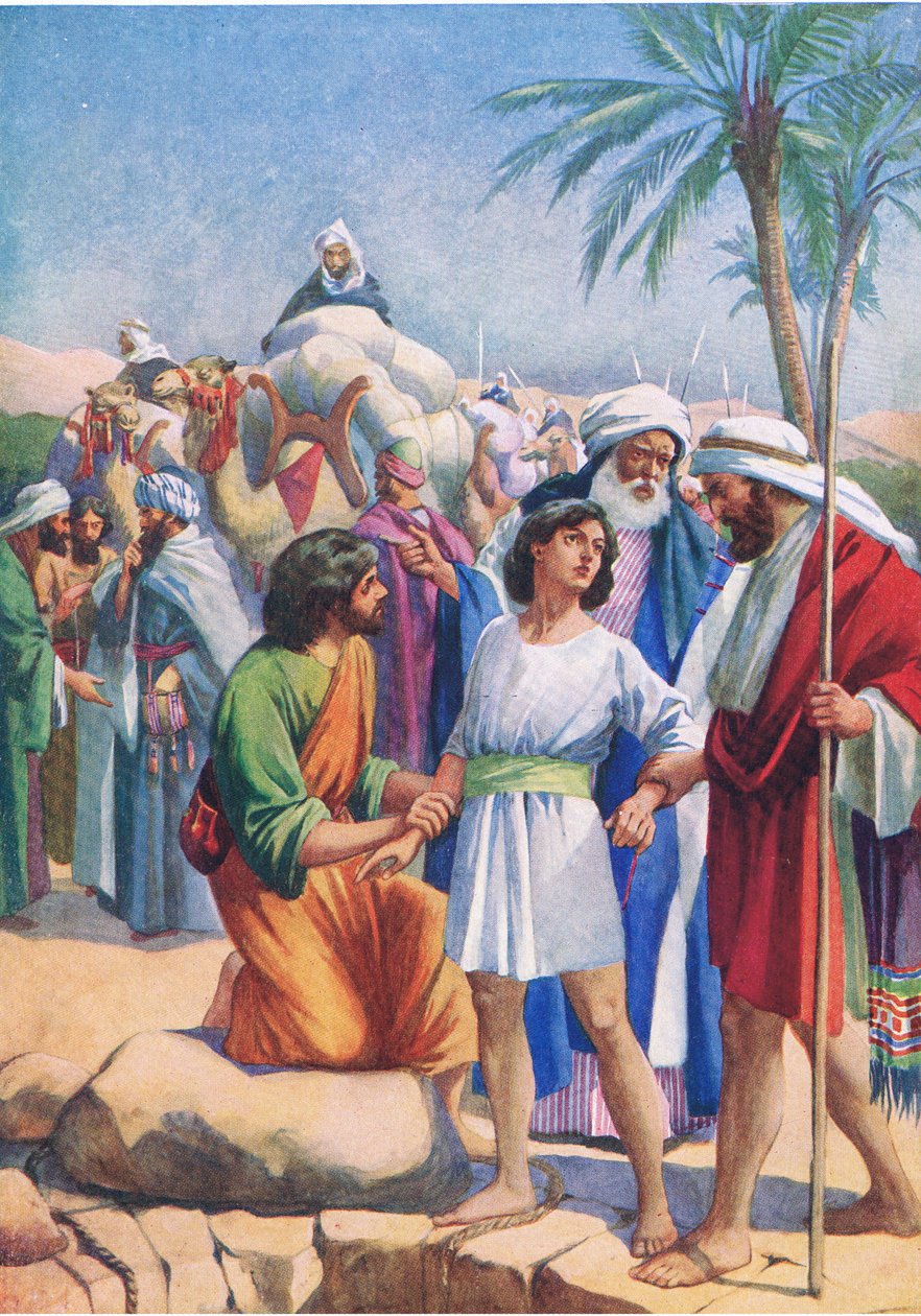 Joseph prodaný svými bratry z knihy The Bible Picture Book vydané Thomasem Nelsonem kolem roku 1950 od English School