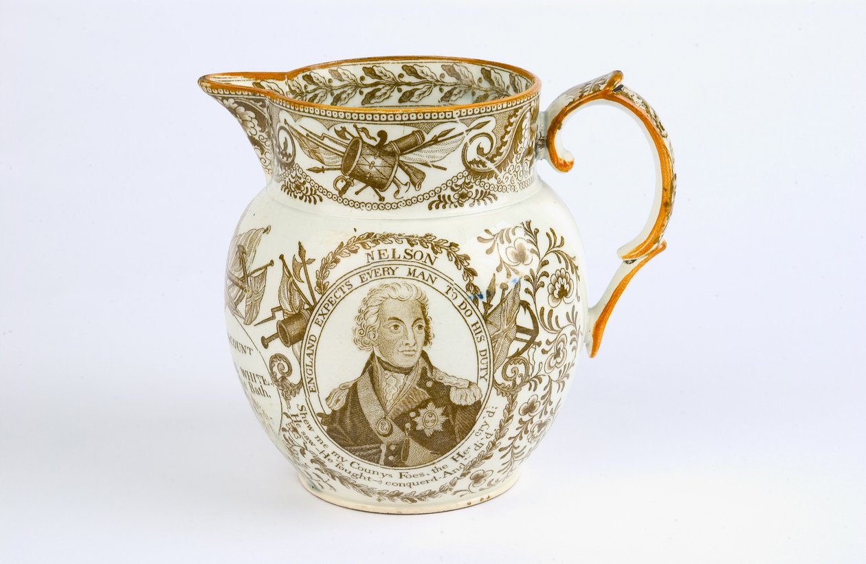 Džbán s přenášecími vzory připomínajícími bitvy a pocty Horatio Nelson (1758-1805) c.1805 (hliněné nádobí) od English School