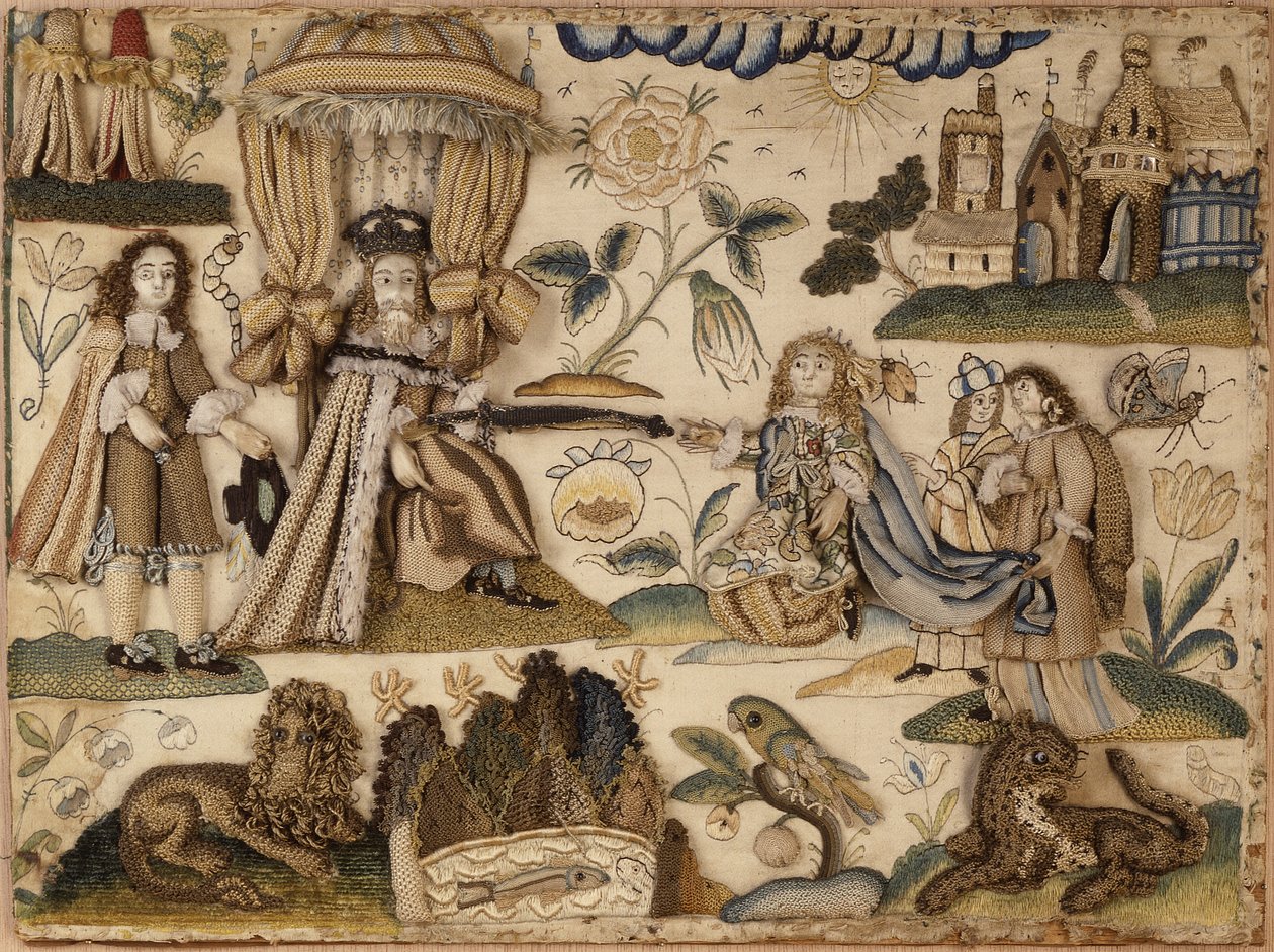 Král Achašveroš a královna Ester, cca 1660 (hedvábí, kovové příze a isinglass) od English School
