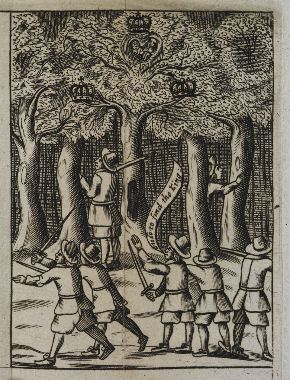 Král Karel II., který se skrývá v Boscobel Woods, z „Historie Jeho Nejsvětějších Veličenstev, nejúžasnější ochrana, po bitvě u Worcesteru“ od English School