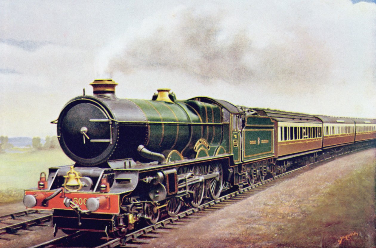 Král George V. z G.W.R. Cornish Railway Express, ilustrace z knihy The Wonder Book of Railways, čtrnácté vydání upravil Harry Golding, 1929 od English School