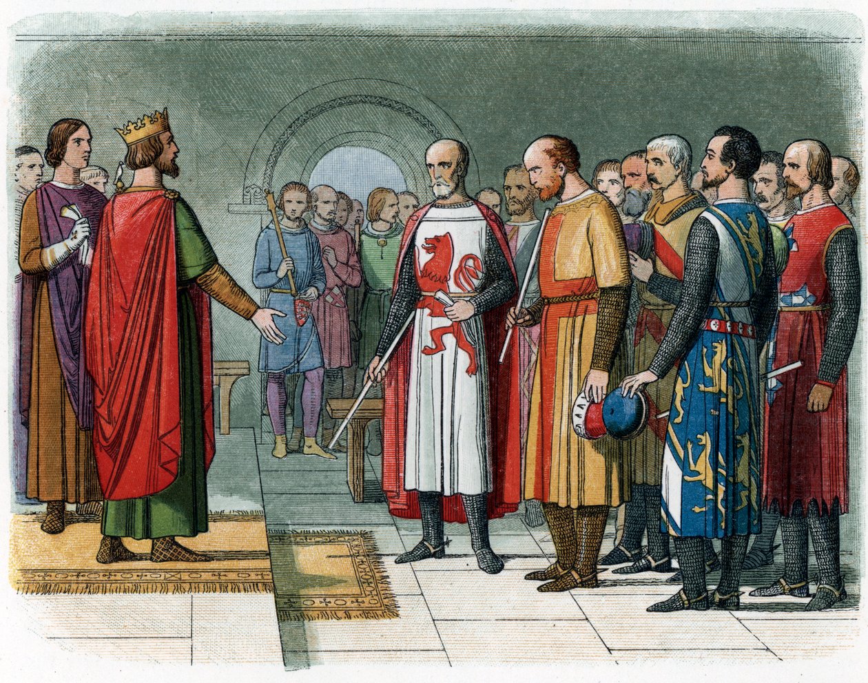 Anglický král Jindřich III. čelící baronské komisi vedené Simonem V. z Montfortu, ilustrace z „A Chronicle of England“ od Jamese Doyla od English School