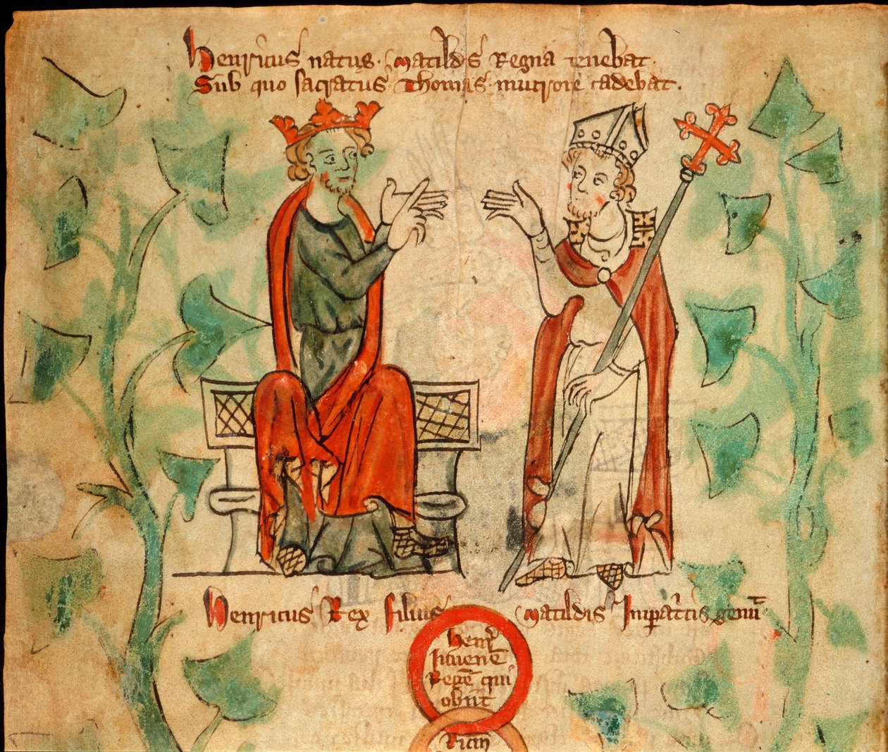 Král Jindřich II. sedící na trůnu, hádající se s Thomasem Becketem, ilustrace z 