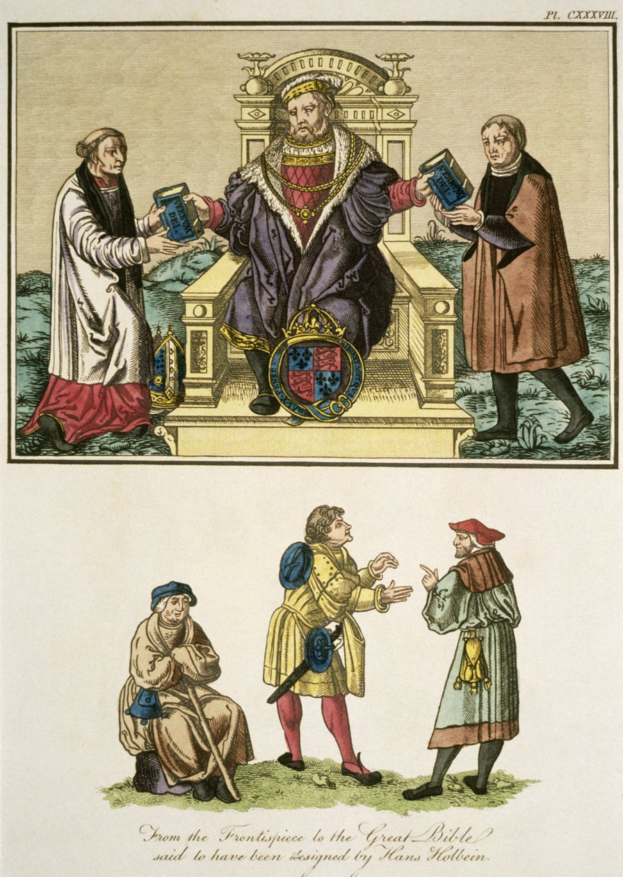 Král Jindřich VIII. (1491-1547) z frontispice k Velké Bibli, o kterém se říká, že jej navrhl Hans Holbein (14978-1543) ilustrace z Úplného pohledu na šaty a zvyky lidí o od English School