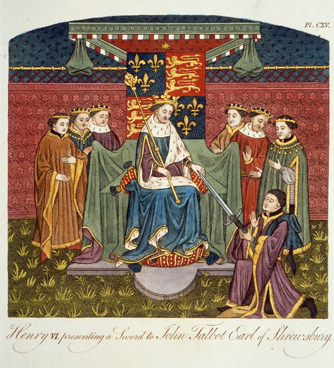 Král Jindřich VI. (1421-71) předkládá meč Johnu Talbotovi (asi 1388-1453) hrabě ze Shrewsbury, ilustrace z Úplného pohledu na šaty a zvyky anglického lidu, svazek II, vydáno 17. od English School