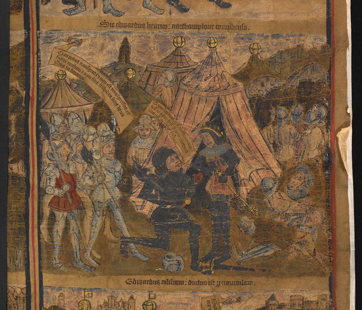 Král Jindřich VI. zajatý po bitvě u Northamptonu, z knihy Typologický život a rodokmen krále Eduarda IV., Harley MS 7353. od English School