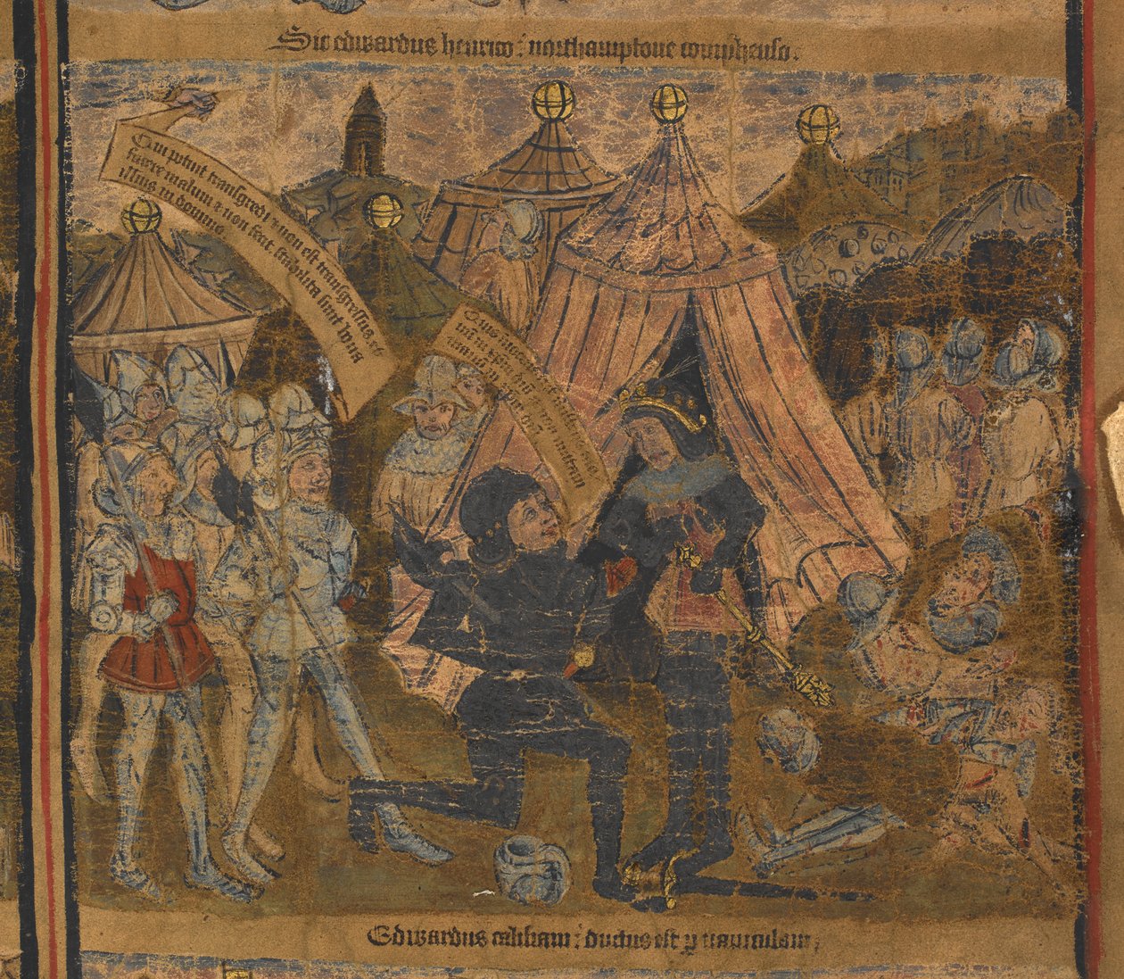 Král Jindřich VI. zajatý po bitvě u Northamptonu v roce 1460 Edwardem z Yorku (poté král Edward IV.) a hrabaty z Warwicku a Salisbury, ilustrace z „Typologického života a genealogie Eduarda IV.“, kolem 1460-70 (vellum) od English School