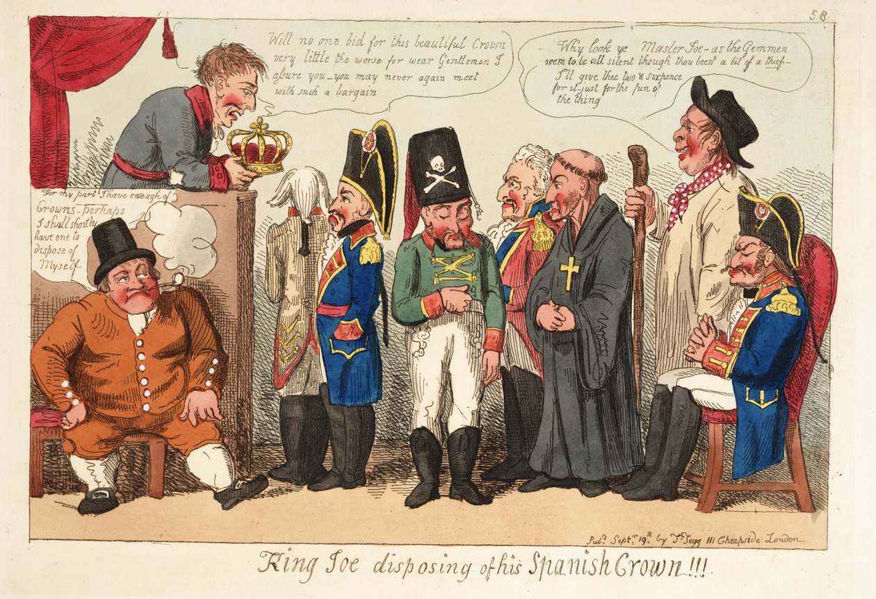 Král Joe se zbavuje své španělské koruny!!! Hospoda. 1808 (ručně kolorovaná rytina) od English School