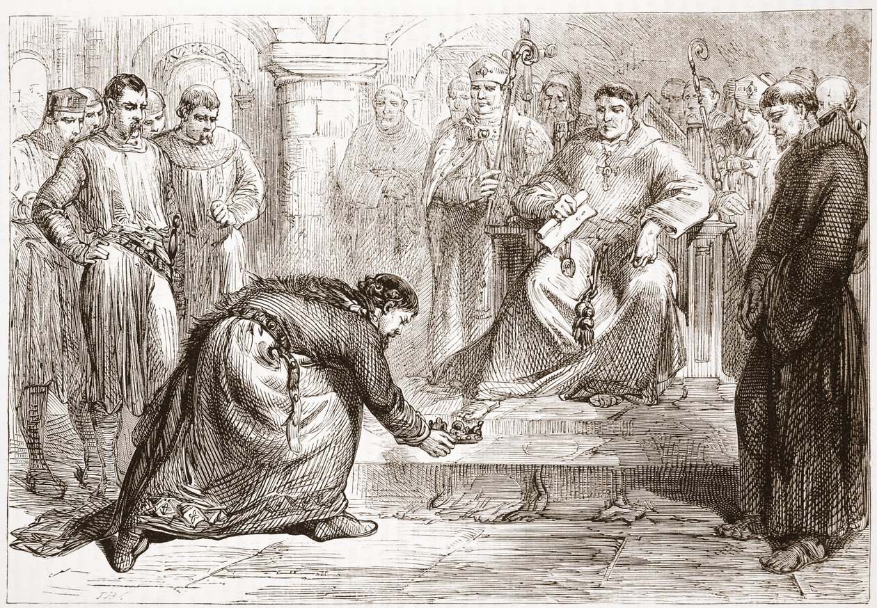 Král Jan a papežský legát, ilustrace z Historie protestantismu od Jamese Aitkena Wylie (1808-1890), hospoda. 1878 od English School