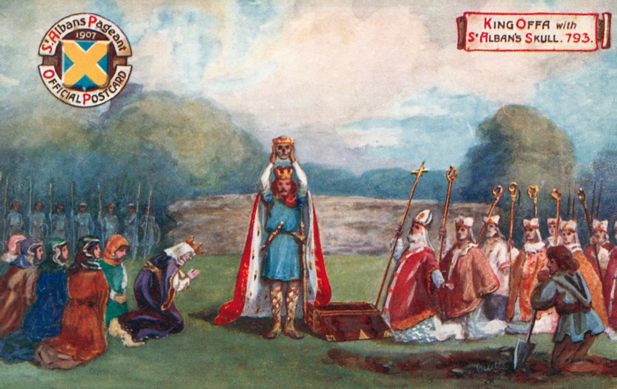 Král Offa s lebkou svatého Albana, 793; přehlídka v St Albans od English School