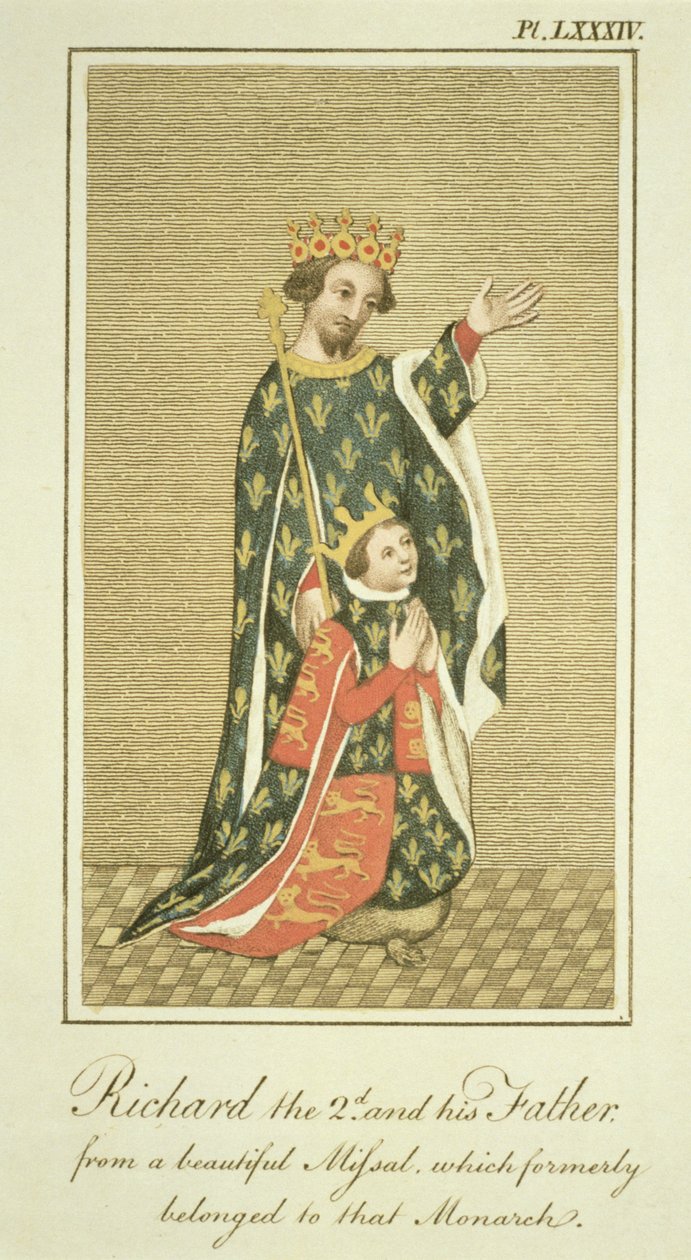 Král Richard II. (1367-1400) se svým otcem Edwardem (1330-76) Černým princem, ilustrace z Úplného pohledu na šaty a zvyky anglického lidu, svazek II, vydané 1799 (barevné od English School
