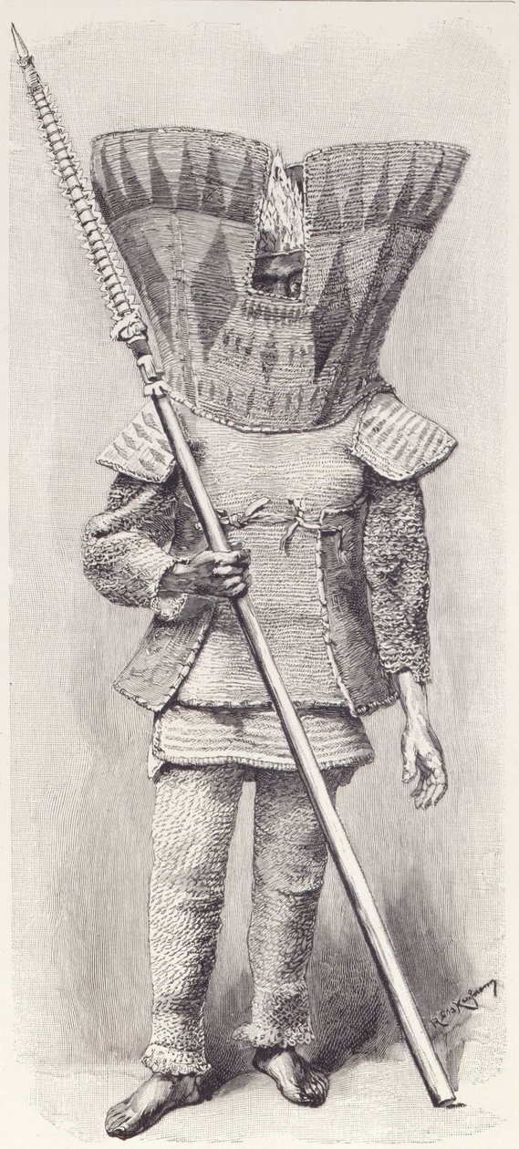 Kingsmill Islander v plné zbroji, z Historie lidstva, svazek 1, od prof. Friedricha Ratzela, 1896 od English School