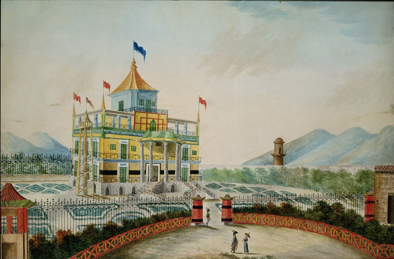 La Favorita neboli Čínský palác, Palermo, navržený Marvugliou a Giuseppem Patricolou pro krále Fernanda IV., kolem roku 1815 (wc na papíře) od English School