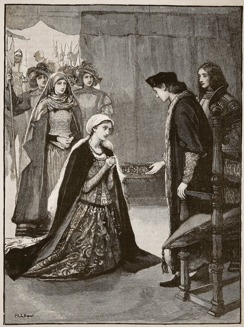Lady Catherine Gordonová před Jindřichem VII., ilustrace z Cassells Illustrated History of England (sépiová fotografie) od English School