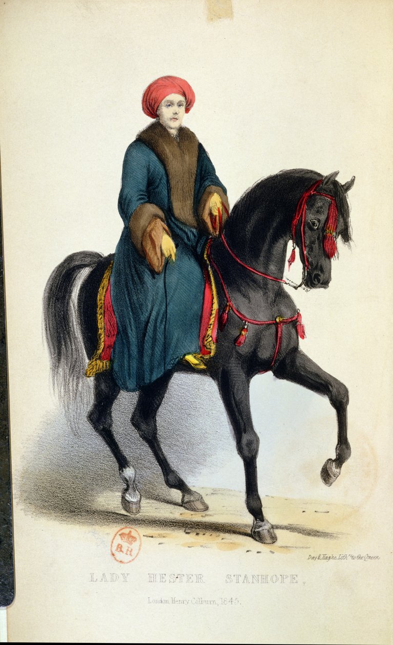 Lady Hester Lucy Stanhope (1776-1839) v arabských šatech, ilustrace z jejích Memoárů, Londýn, 1845 (barevná rytina) od English School