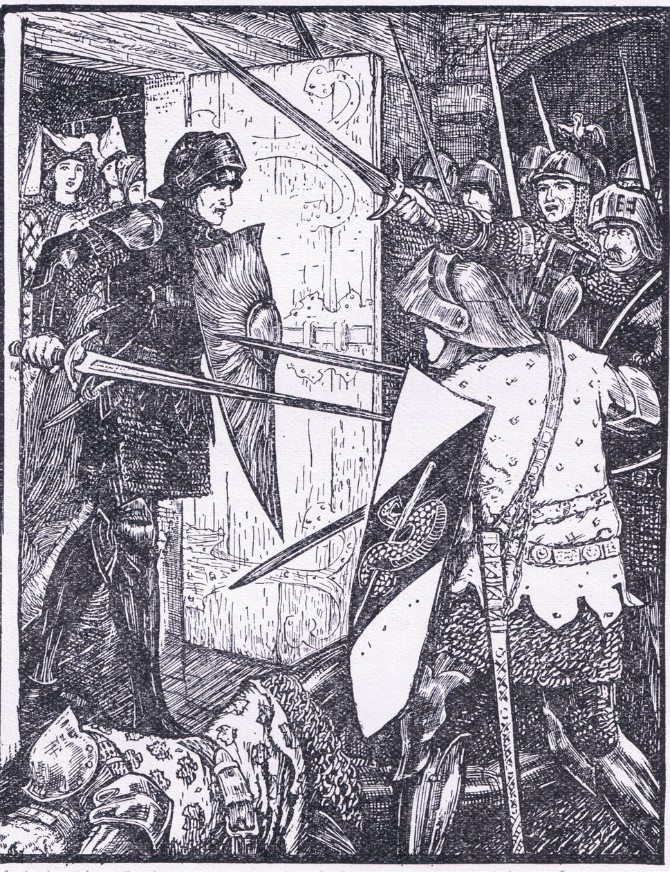 Lancelot vychází z Gueneverina pokoje, ilustrace z knihy 