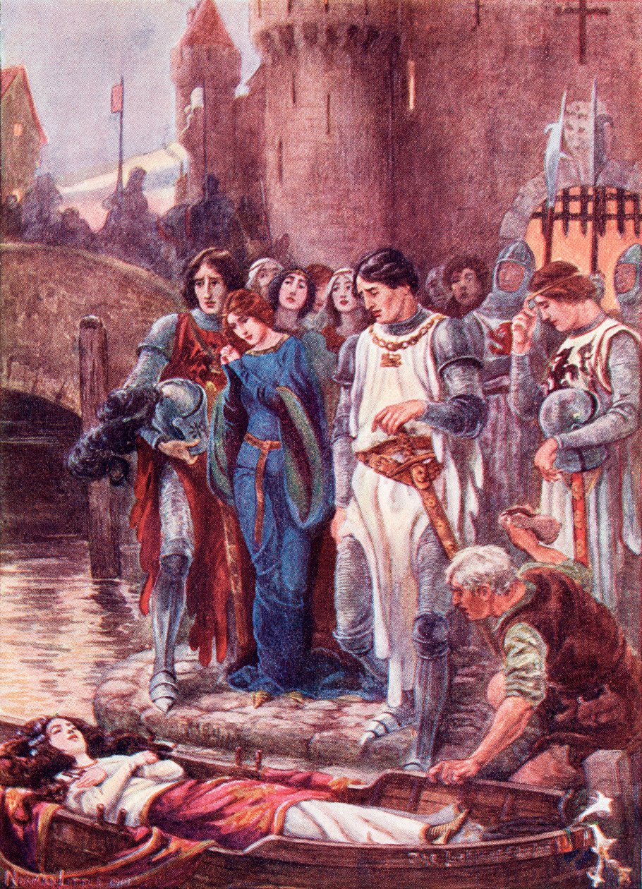 Lancelot se dívá na mrtvou paní ze Shalott při jejím příjezdu na Camelot. Barevná ilustrace z knihy The Gateway to Tennyson vydané v roce 1910. od English School