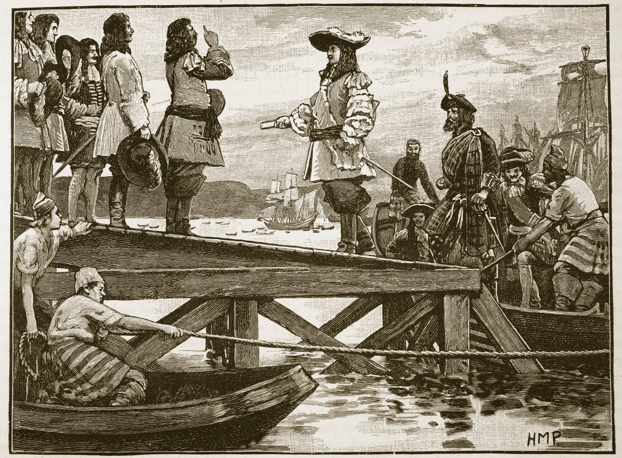 Vylodění maršála Schomberga v Carrickfergusu, ilustrace z Cassells Illustrated History of England (sépiová fotografie) od English School
