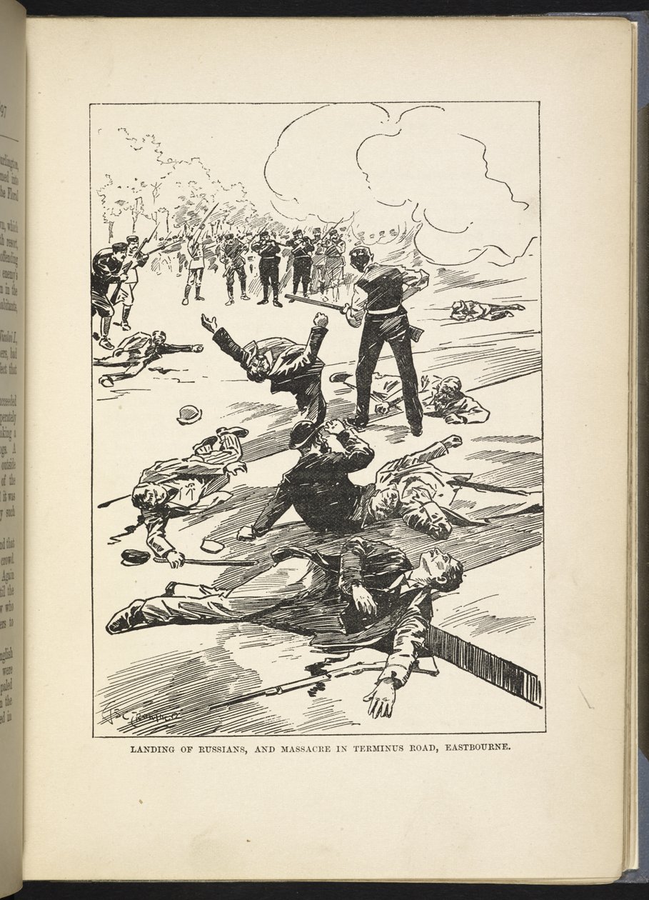 "Vylodění Rusů a masakr na Terminus Road v Eastbourne", ilustrace z knihy Williama Le Queuxe "Velká válka v Anglii v roce 1897". od English School