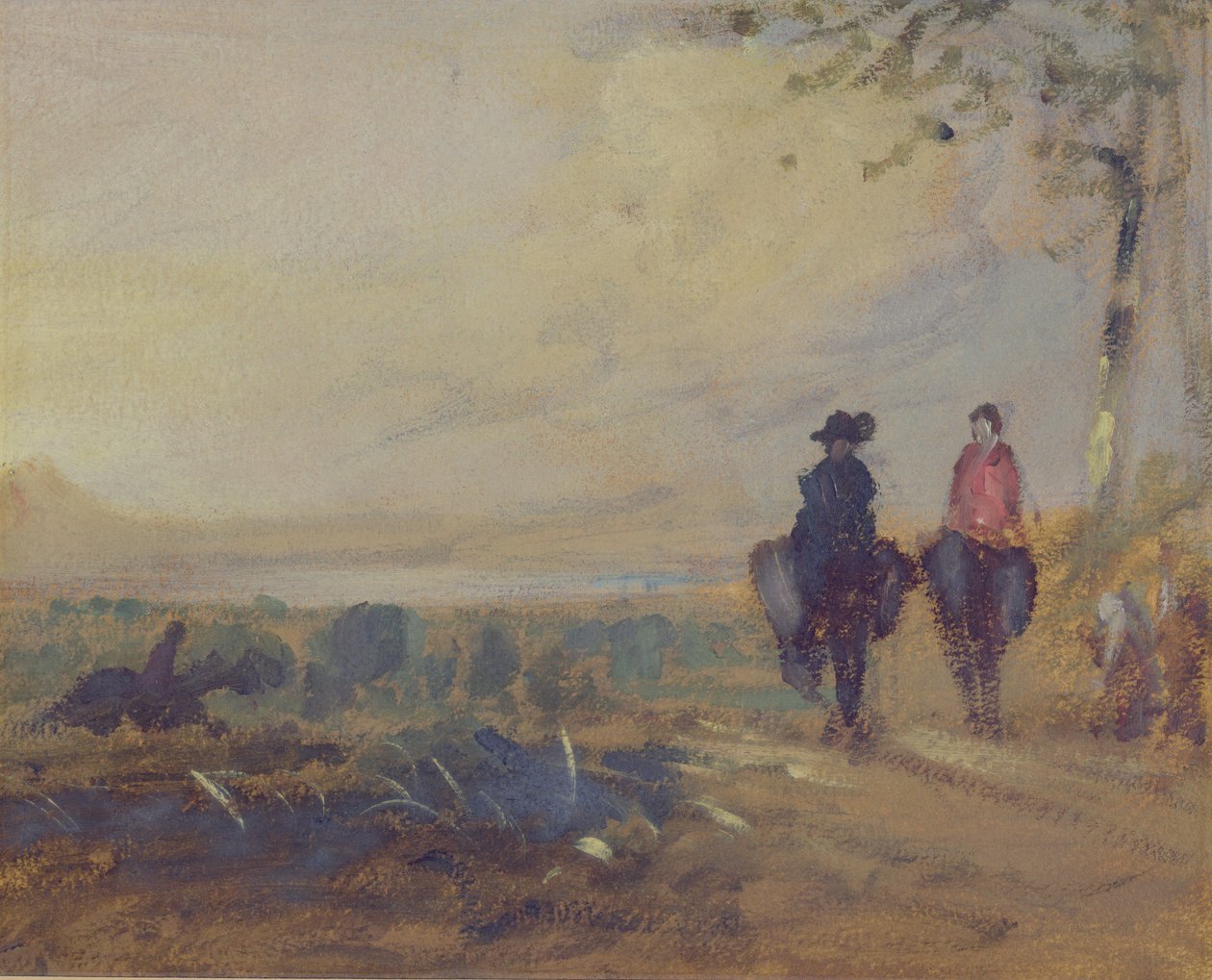 Krajina s jezerem a dvěma postavami na koni, dříve připisovaná J.M.W. Turner (1775-1851) a také připisován Peteru de Wint (1784-1849), 1815-25 (olej na papíře) od English School