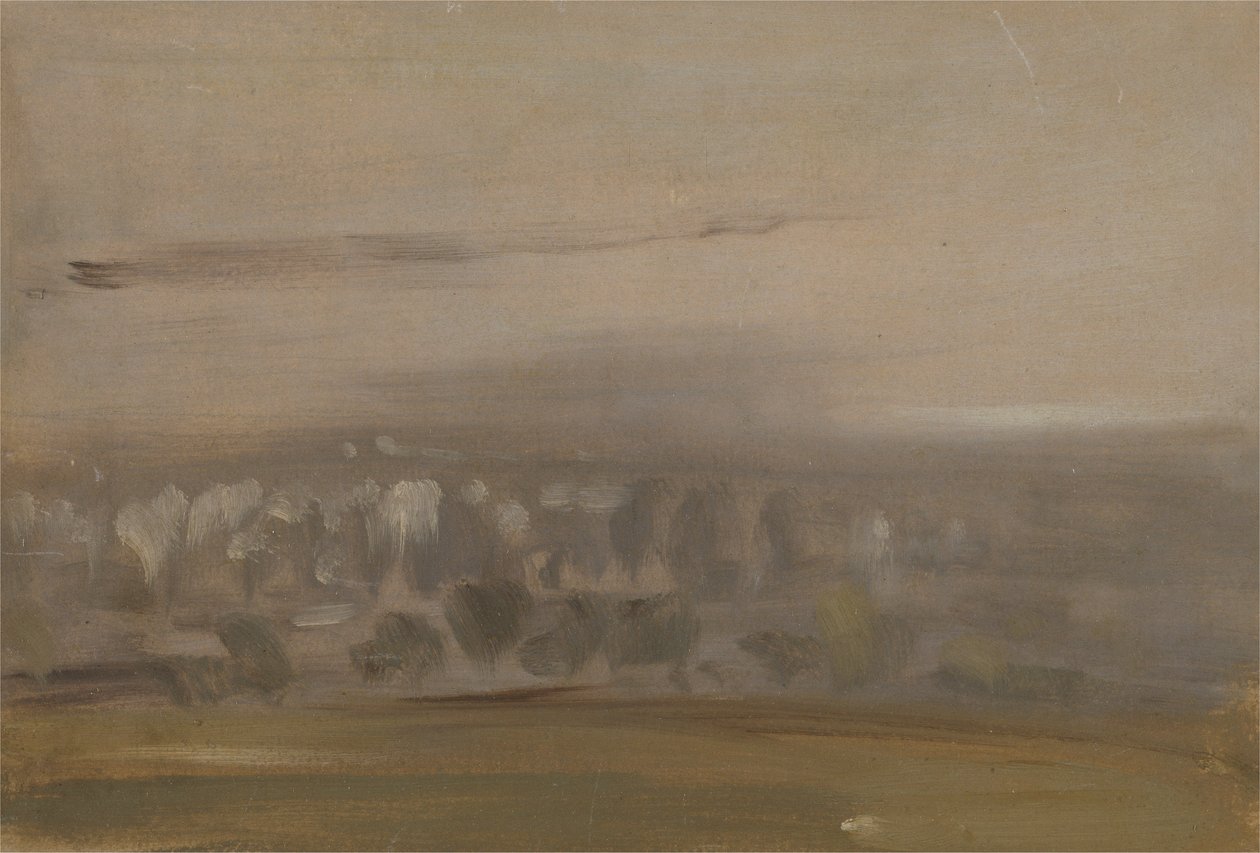 Krajina se stromy na svahu (zalesněné údolí, viděno skrz mlhu) dříve připisovaná J.M.W. Turner (1775-1851) a také připisován Peteru de Wint (1784-1849) (olej na papíře) od English School