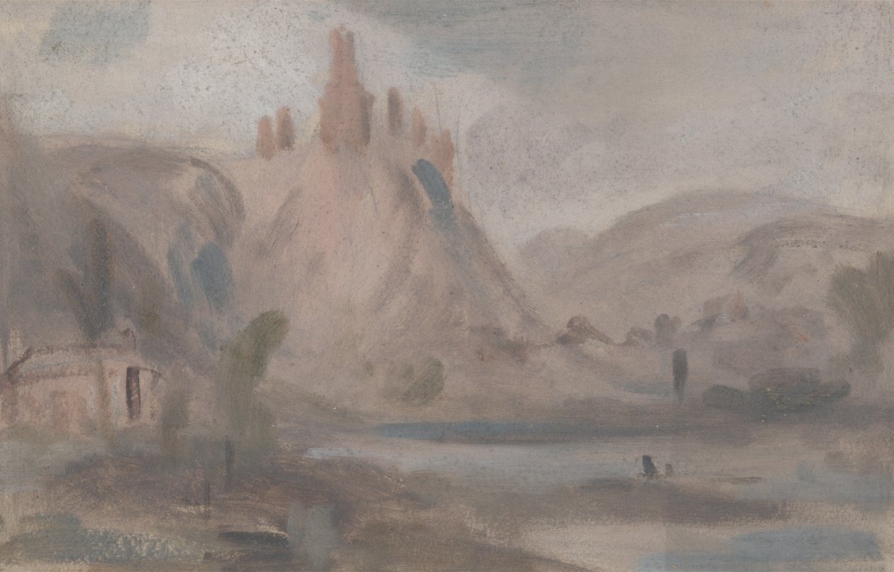 Krajina s hradem na kopci, dříve připisovaná J.M.W. Turner (1775-1851) a také připisován Peteru de Wint (1784-1849) (olej na papíře) od English School