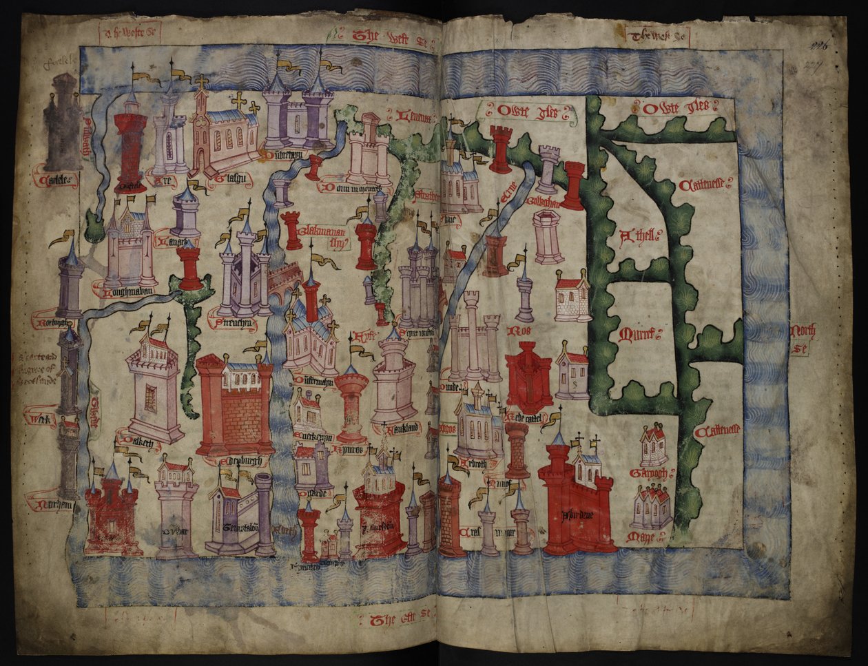 Lansdowne 204 ff.225v & 226 Mapa Skotska od Johna Hardinga, kolem 1450 (inkoust a tempera na pergamenu) od English School