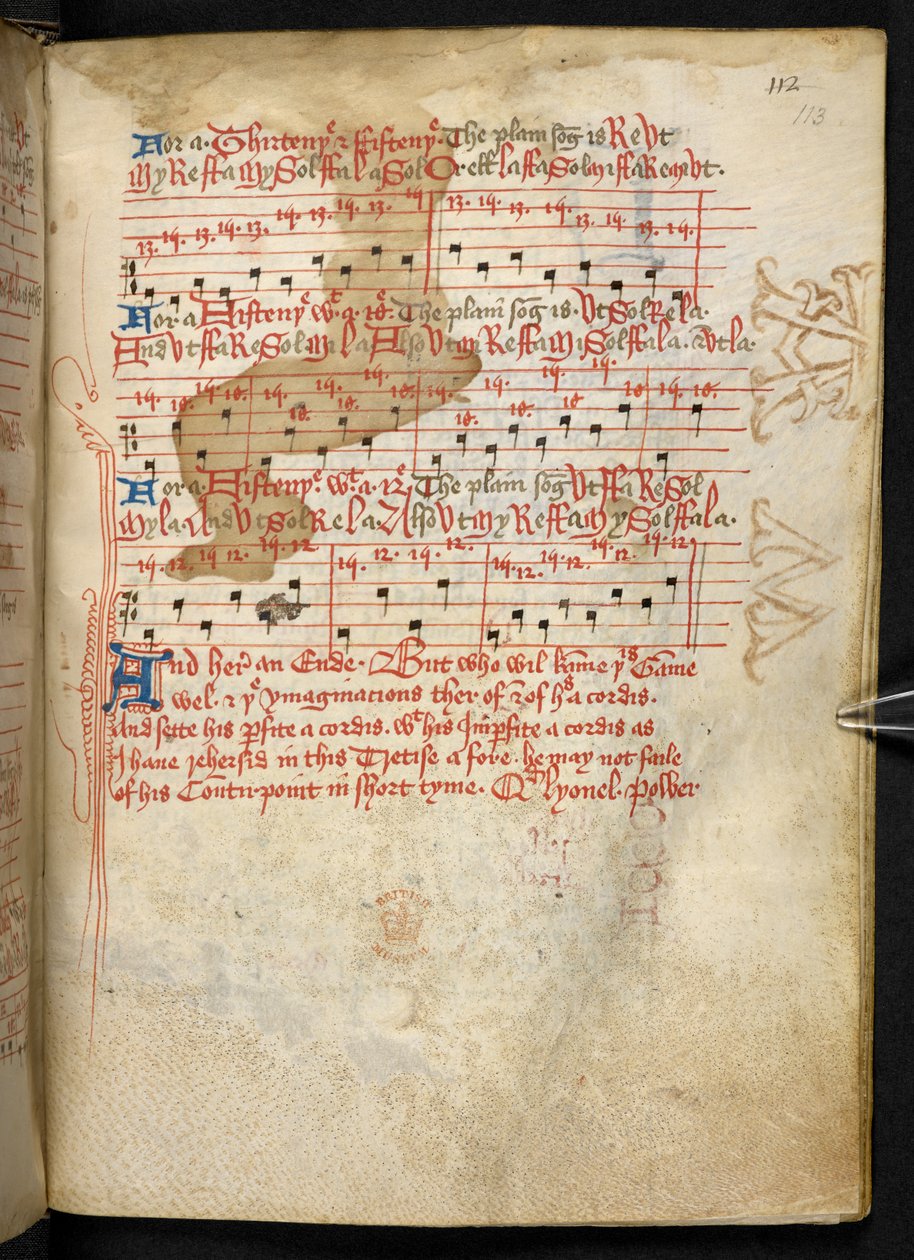 Lansdowne 763, f.113r, Svazek napsaný na pergamenu v patnáctém století a obsahující starodávná a velmi zajímavá pojednání o hudbě od různých autorů. od English School
