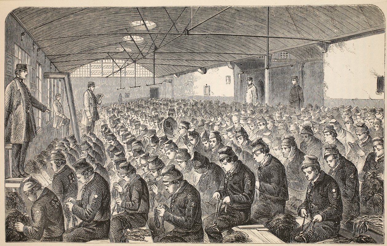 Velká dubová místnost (v rámci tichého systému) v nápravném zařízení Middlesex House of Correction, Coldbath Fields, ilustrace z knihy The Criminal Prisons of London and Scenes from Prison Life od Henryho Mayhewa a Johna. od English School