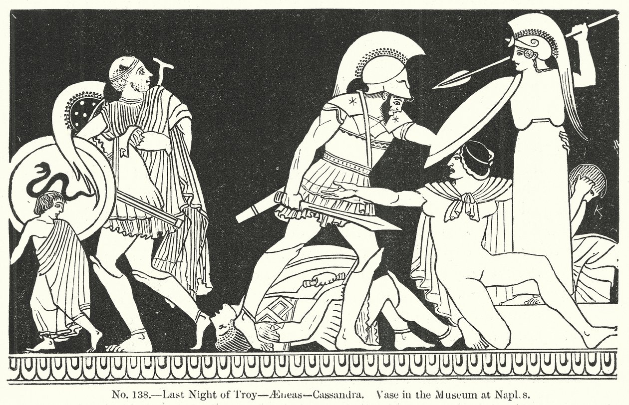 Poslední trojská noc - Aeneas - Kassandra. Váza v Neapolském muzeu (rytina) od English School
