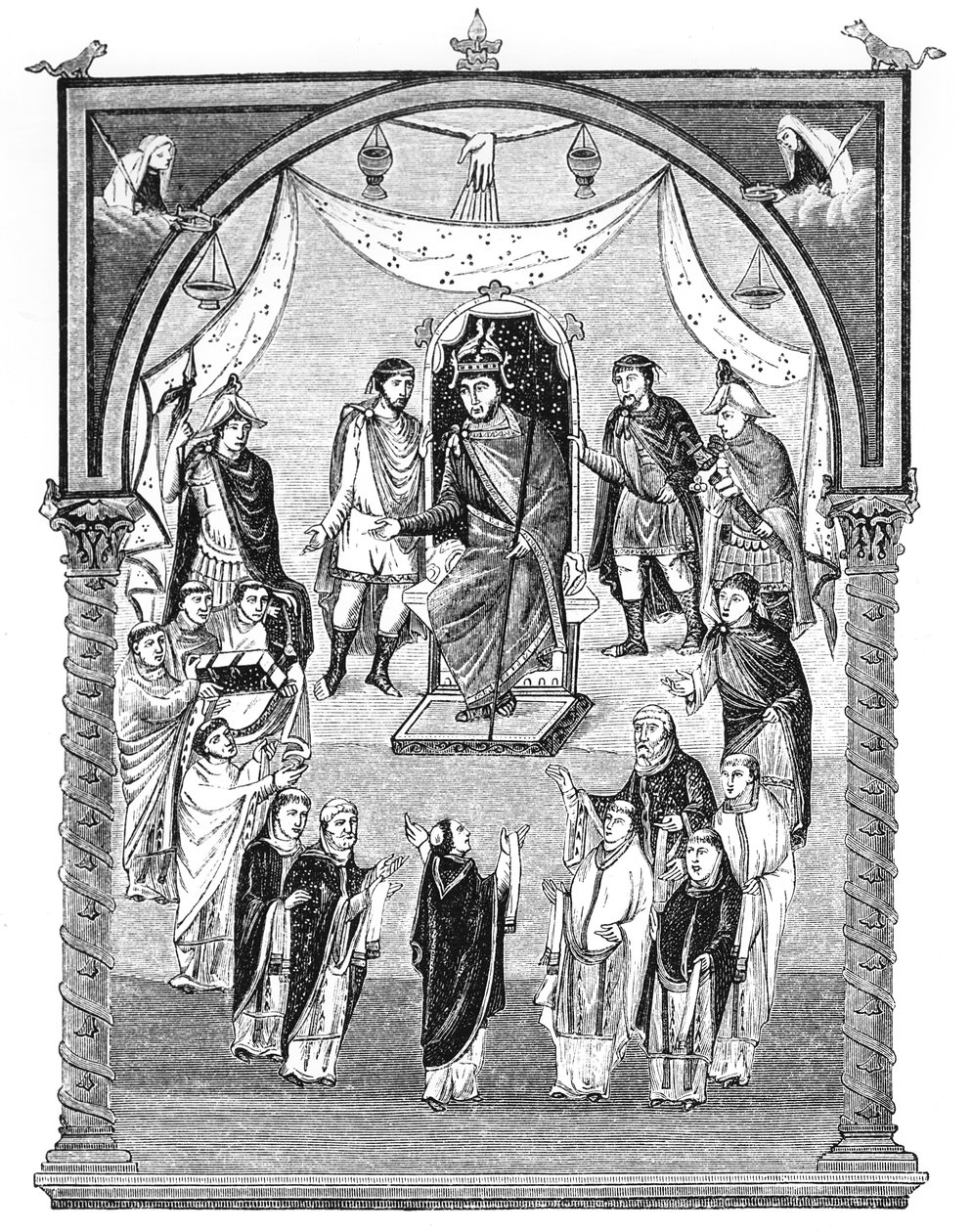 Lat 1 f.423r Karel Holý, francouzský král (823-77) na trůně, objednal opat Vivian z kláštera svatého Martina v Tours, z První bible Karla Holého, 843-51, ilustrace. od English School