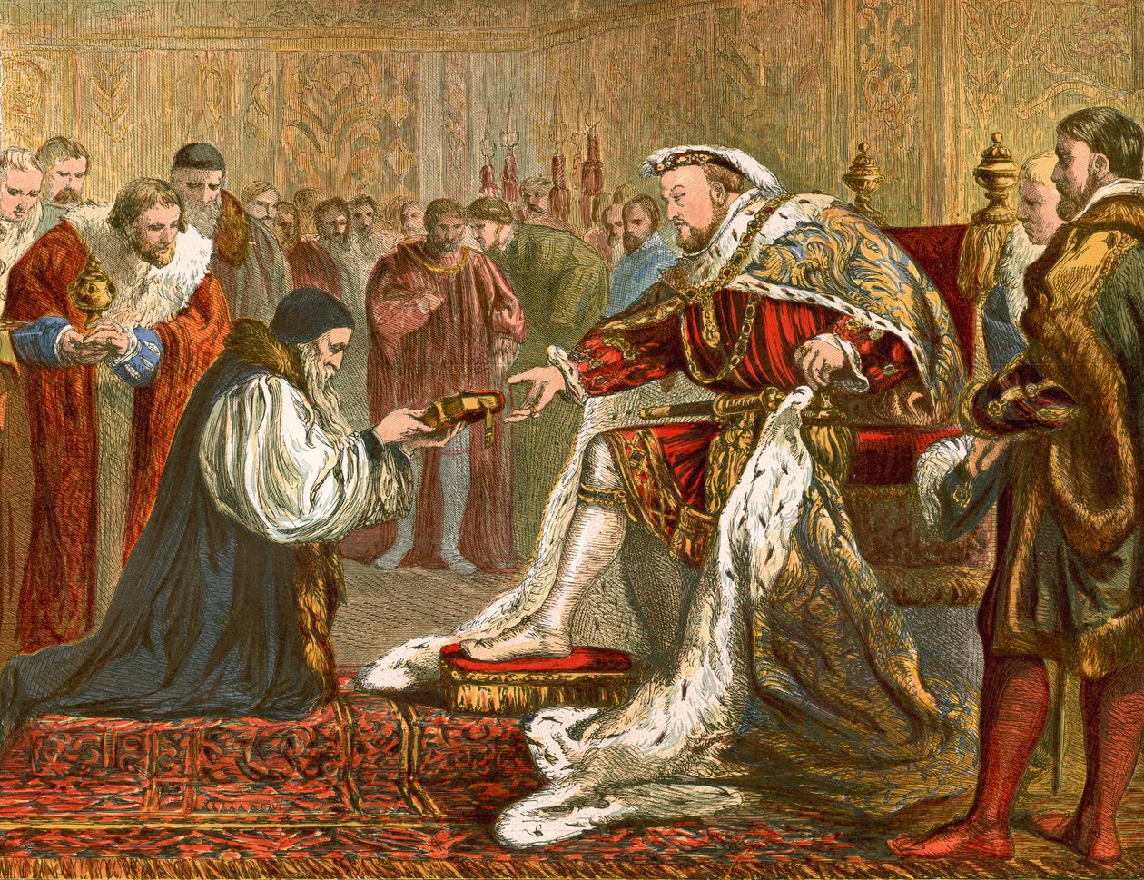 Latimer při předávání bible Jindřichovi VIII. (kolorovaná rytina) od English School