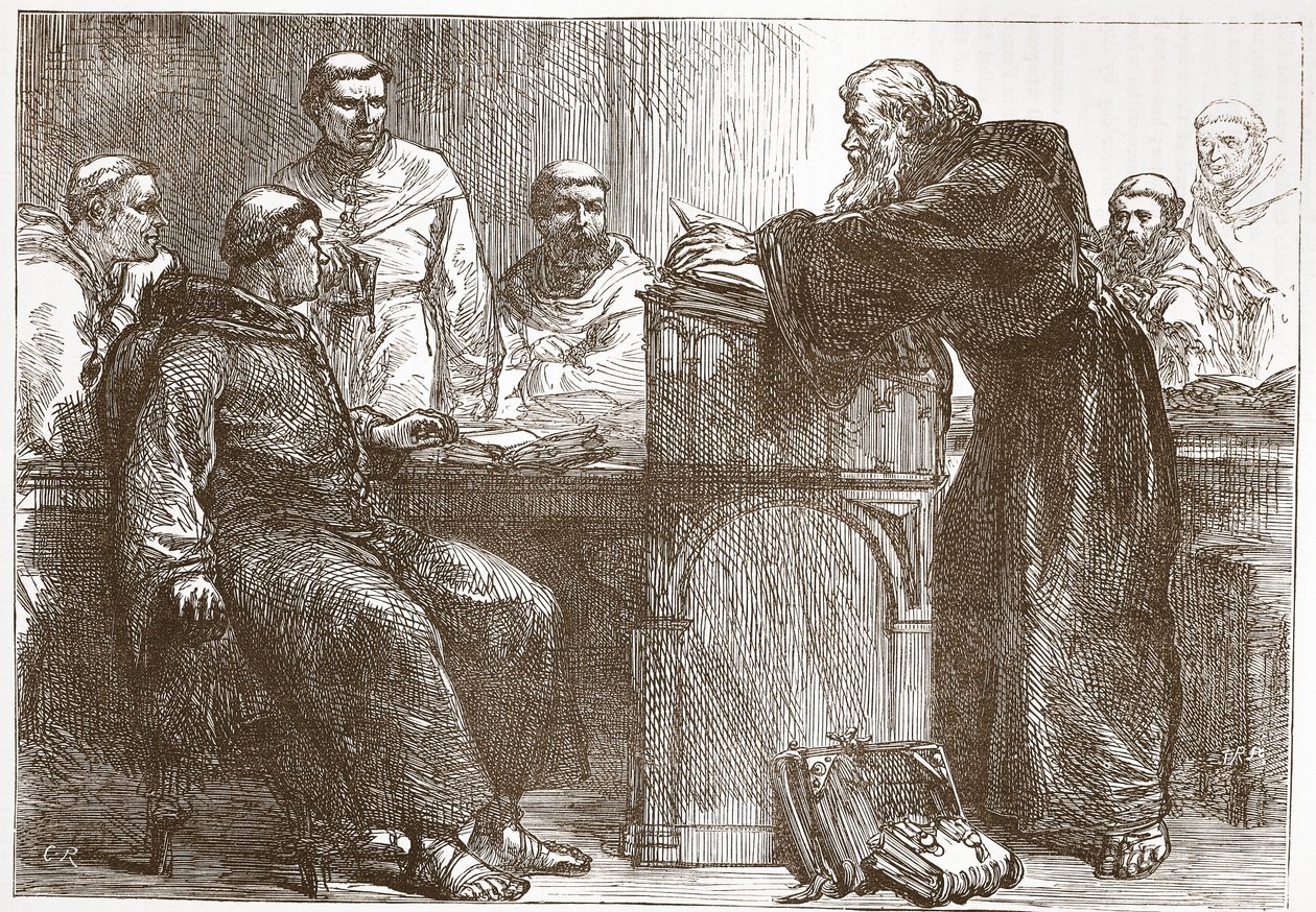 Lefevre přednáší na Sorbonně, ilustrace z Historie protestantismu od Jamese Aitkena Wylie (1808-1890), hospoda. 1878 od English School