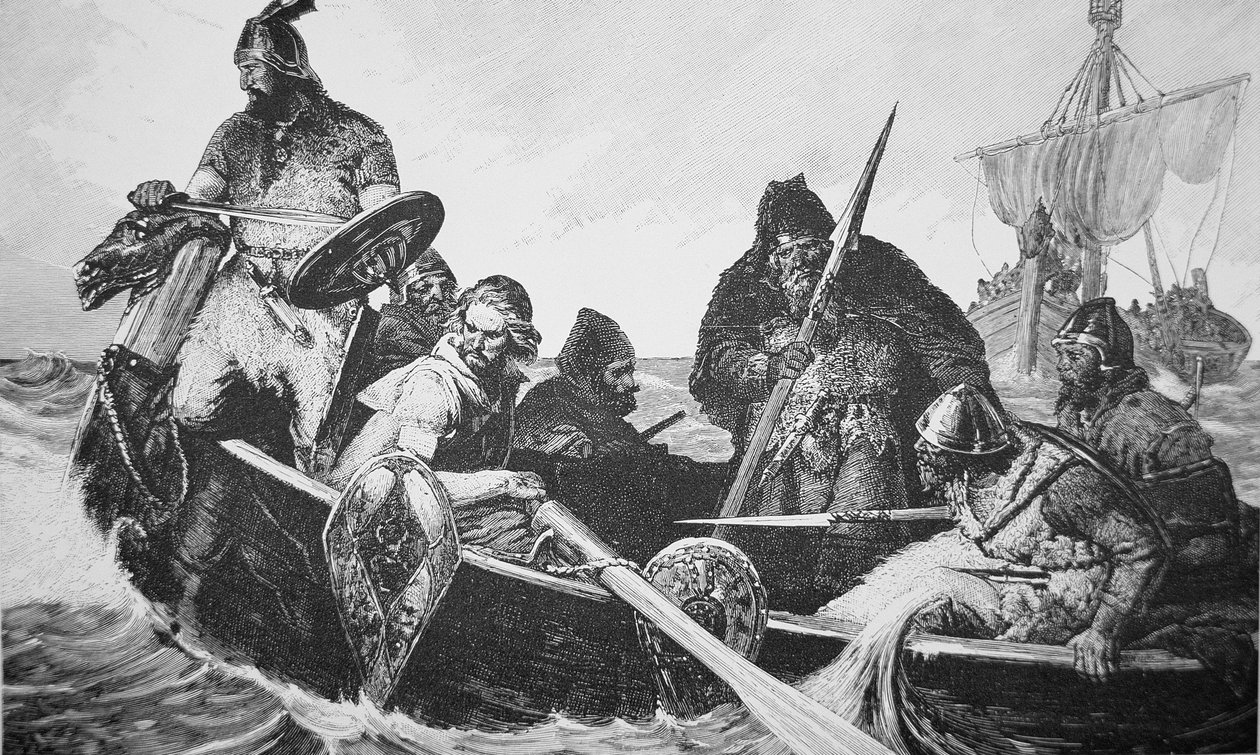 Leif Ericson objeví břeh Vinland the Good, pravděpodobně Newfoundland (rytina) od English School