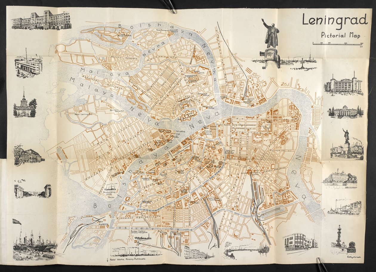Leningrad, obrázková rozkládací mapa z „Kapesního průvodce Sovětským svazem“ od English School