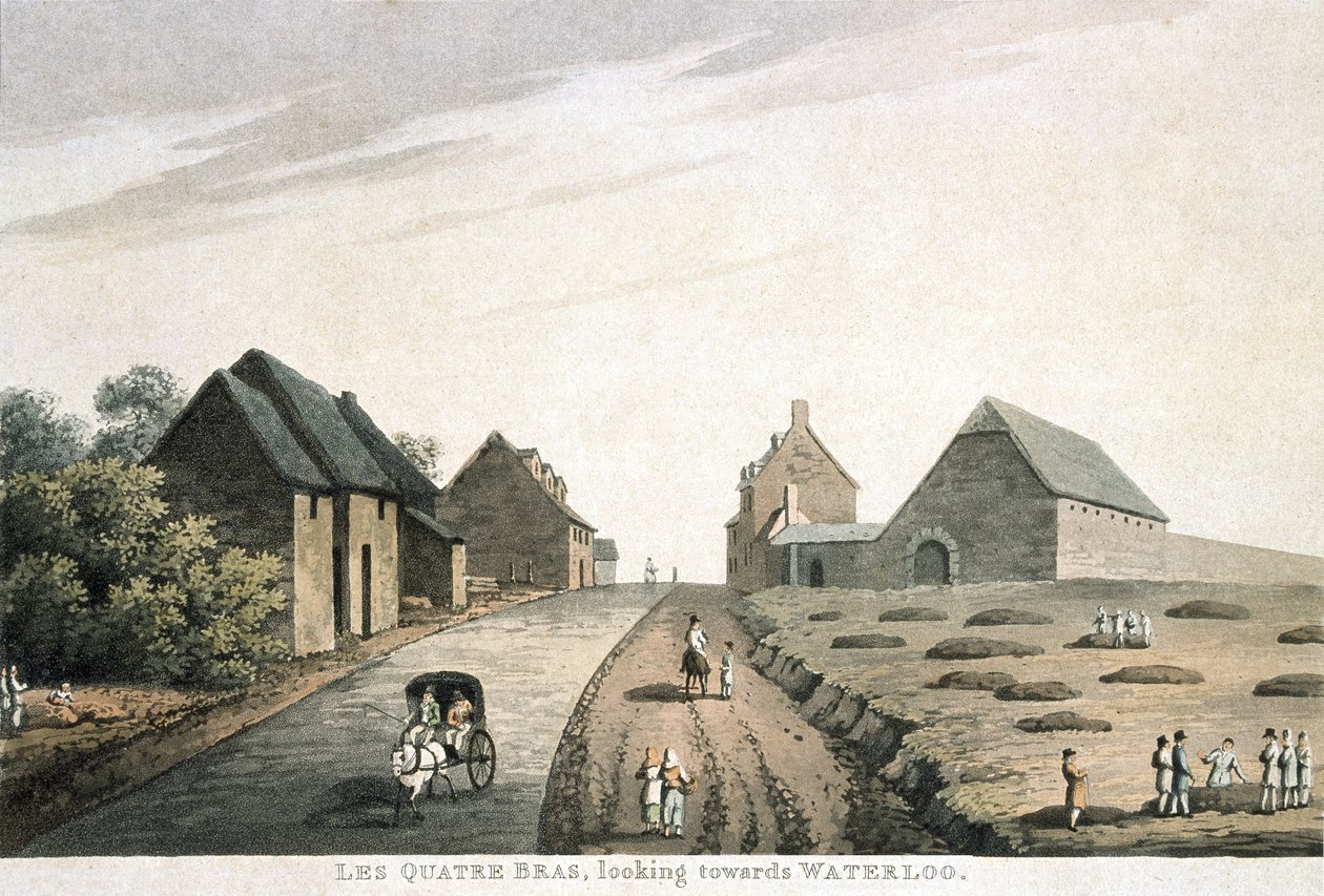 Les Quatre Bras, při pohledu směrem k Waterloo, vydal R. Bowyer od English School