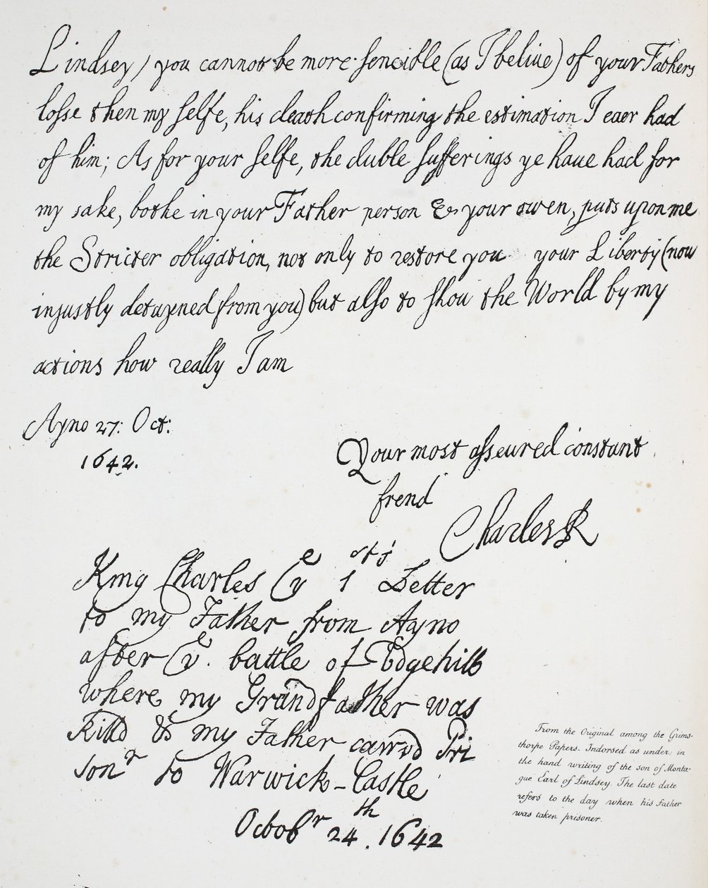 Dopis Karla II Montagueovi, hraběti z Lindsey, 27. října 1642 od English School