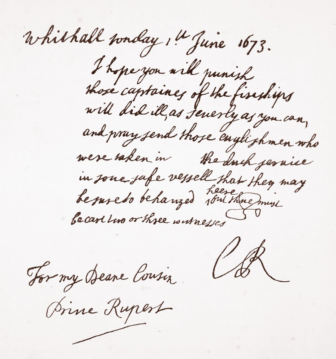 Dopis Karla II princi Rupertovi, 1. června 1673 od English School