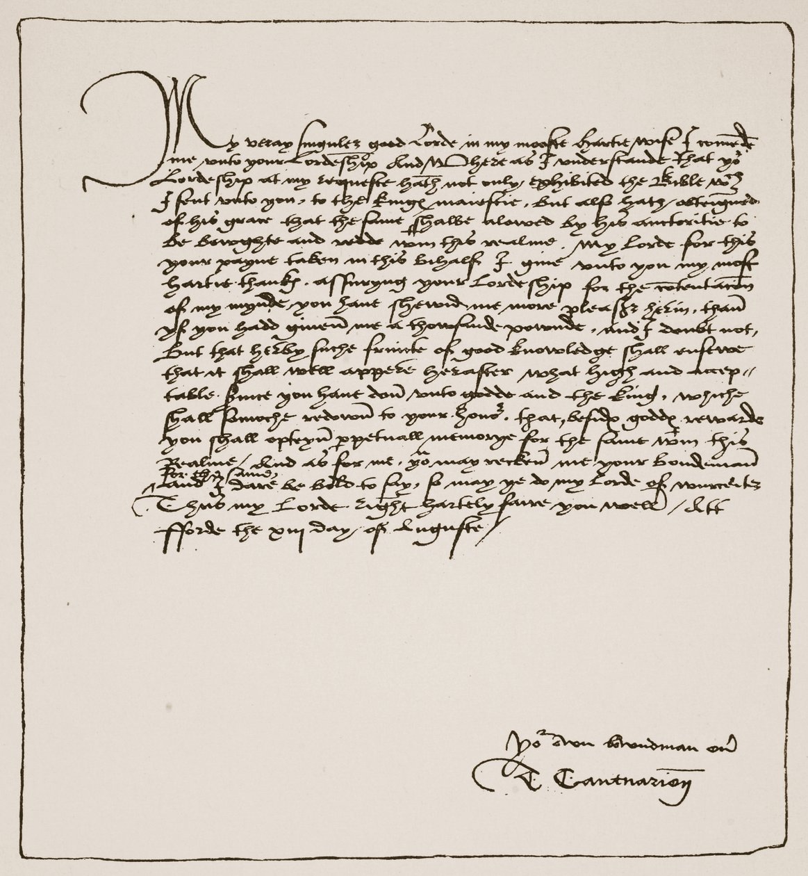 Cranmerův dopis Cromwellovi, v němž mu děkuje za získání královské autority pro Anglickou bibli Matouše, 1537, od anglikánské církve: Spence-Jones, vyd. kolem roku 191. od English School