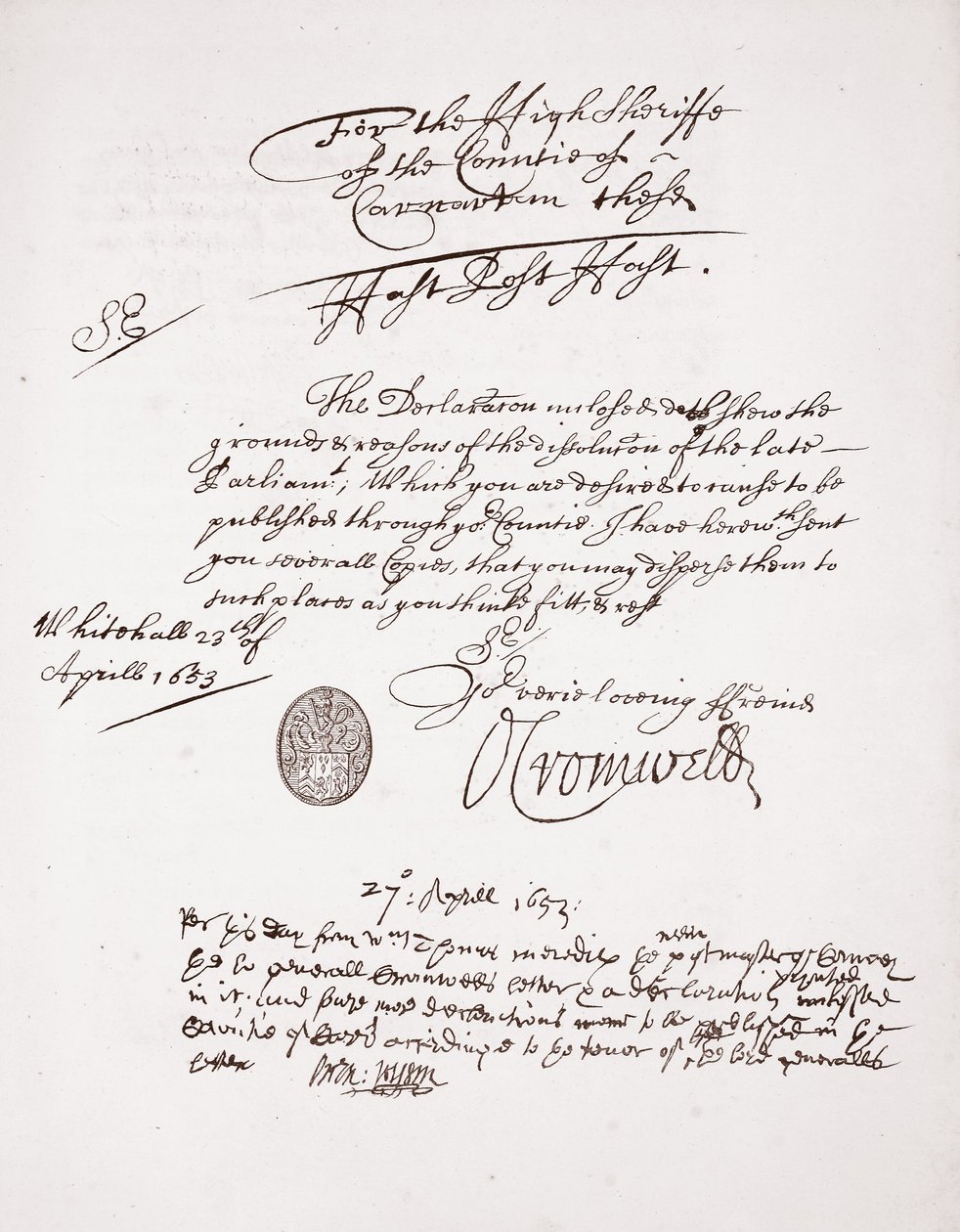Dopis od Olivera Cromwella, duben 1653 od English School