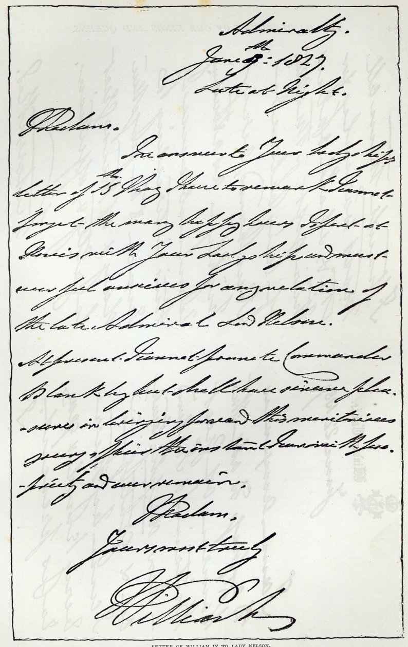 Dopis Williama IV lady Nelsonové, 1827, publikovaný v 