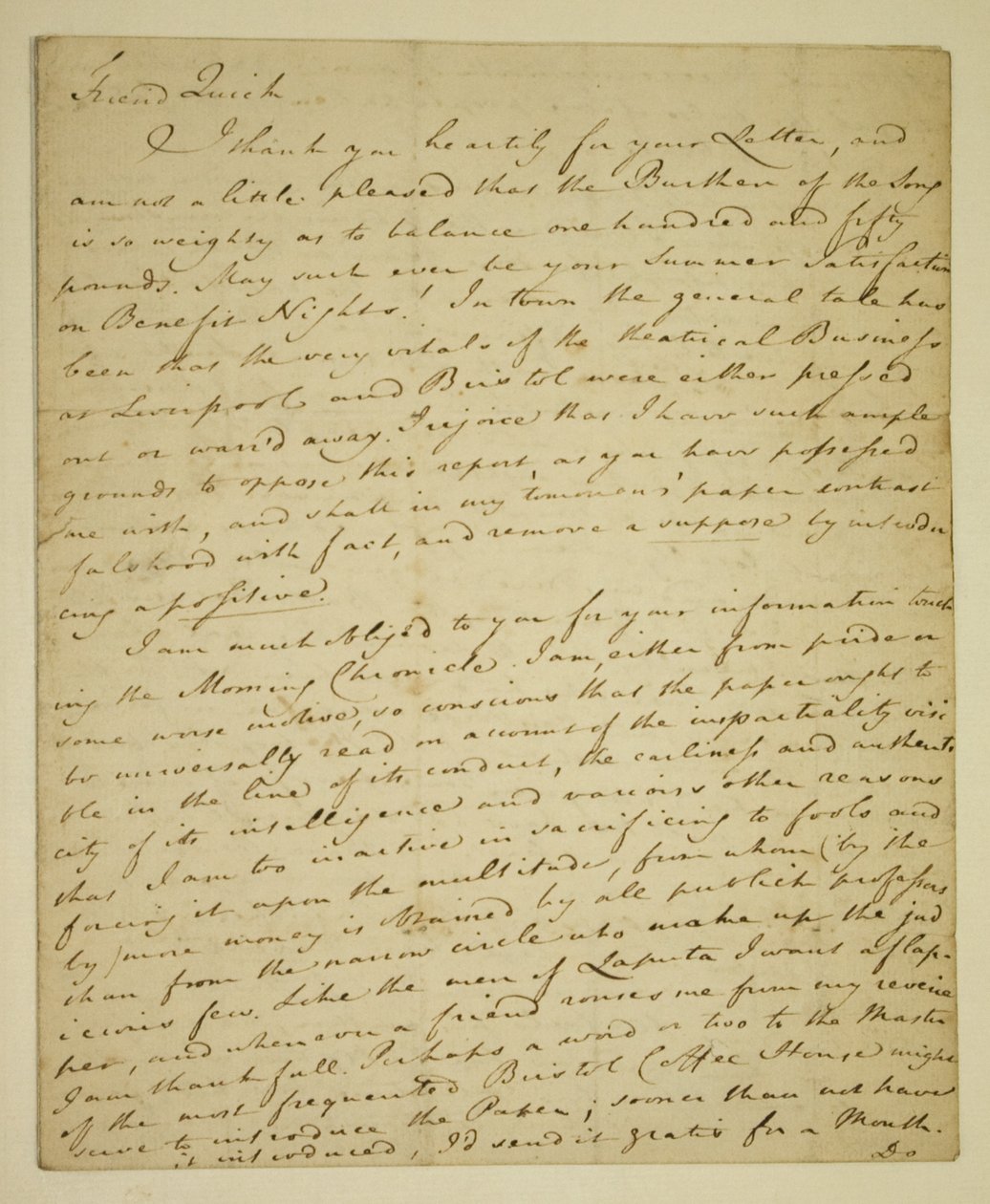 Dopis od Williama Woodfalla (1746-1803) herci Johnu Quickovi (1748-1831) ohledně příznivých recenzí Johna Hendersona na Haymarket od English School