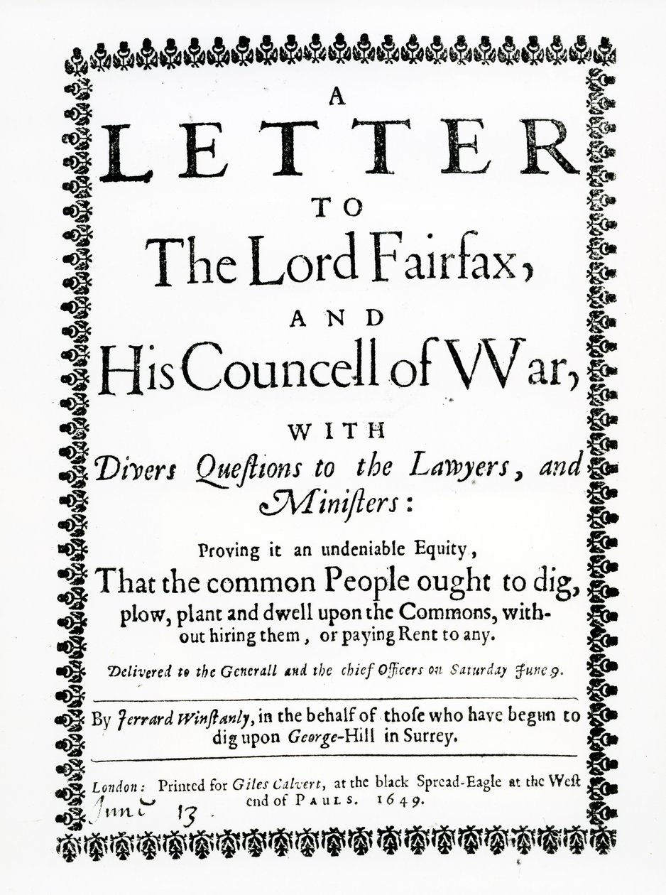 Dopis lordu Fairfaxovi od Gerrarda Winstanleyho (asi 1609-60) jménem Diggers at St. George Hill, Surrey, tištěný 1649 od English School