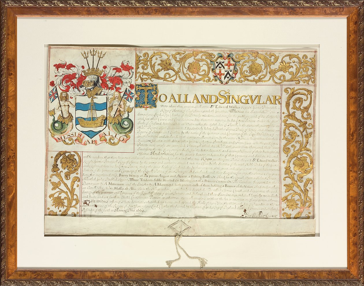 Patent Letters vydaný Sirem Edwardem Walkerem, Garter King of Arms, 13. prosince 1664 od English School