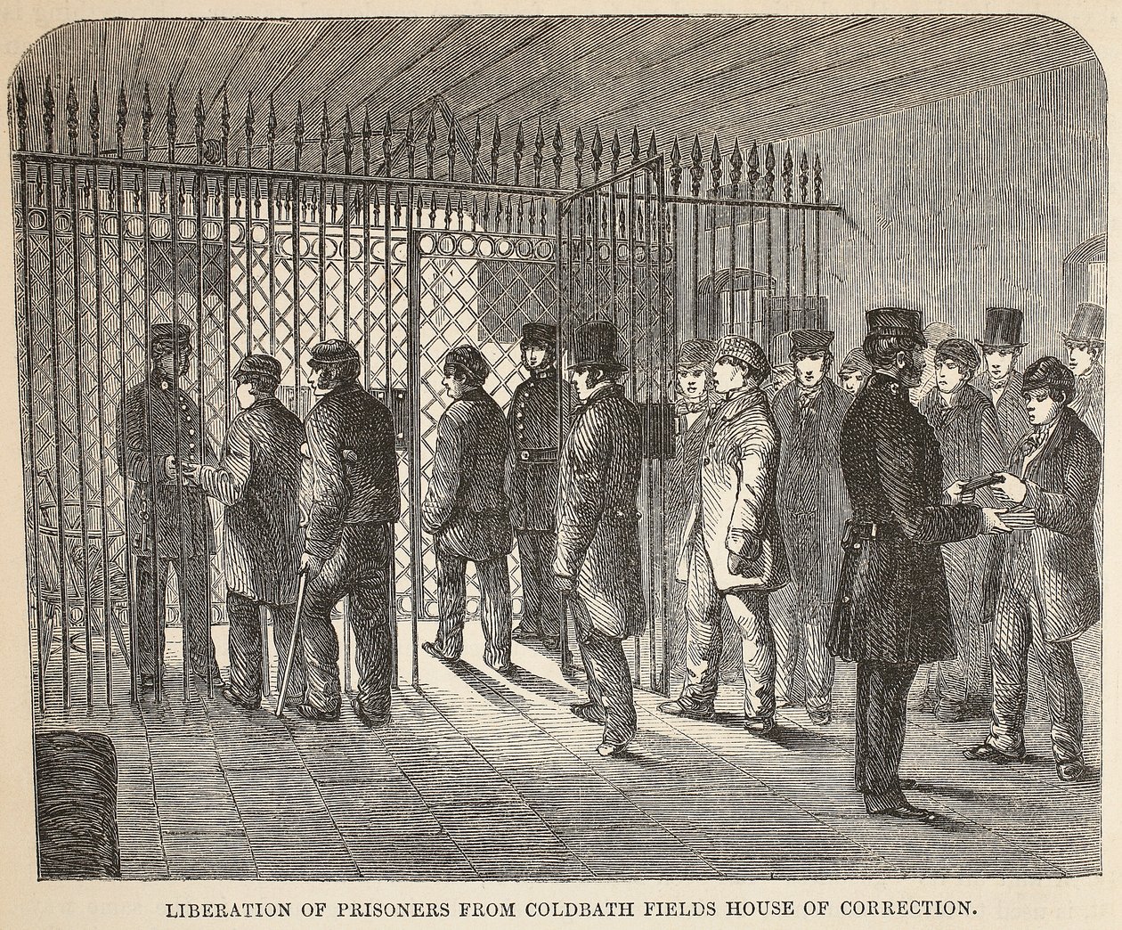 Osvobození vězňů z nápravného zařízení Coldbath Fields, ilustrace z knihy The Criminal Prisons of London and Scenes from Prison Life od Henryho Mayhewa a Johna Binnyho, vyd. 1862 od English School