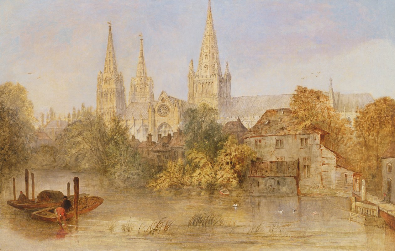 Katedrála Lichfield ze Stowe Pool, kolem roku 1850 od English School